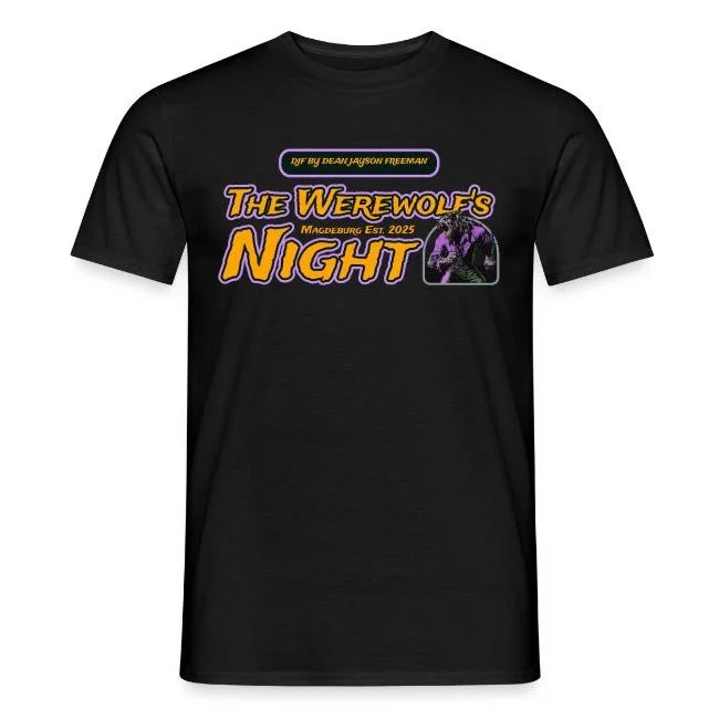 Schwarzes T-Shirt mit einem lilafarbenen und orangenen Design, das den Text "The Werewolf's Night" und eine Grafik eines Wolfsmenschen bei Vollmond zeigt.
