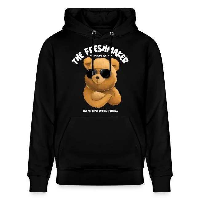 Schwarzer Hoodie mit Teddy-Bär, der Sonnenbrille trägt, und Text "The FeshMaker" über dem Bild.