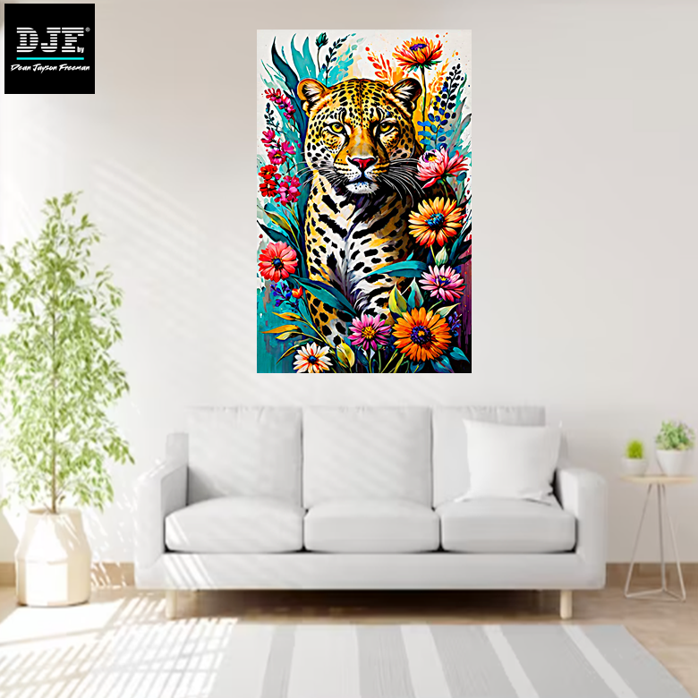Ein farbenfrohes Gemälde eines Jaguars, umgeben von bunten Blumen und Blättern, hängt an einer weißen Wohnzimmerwand.