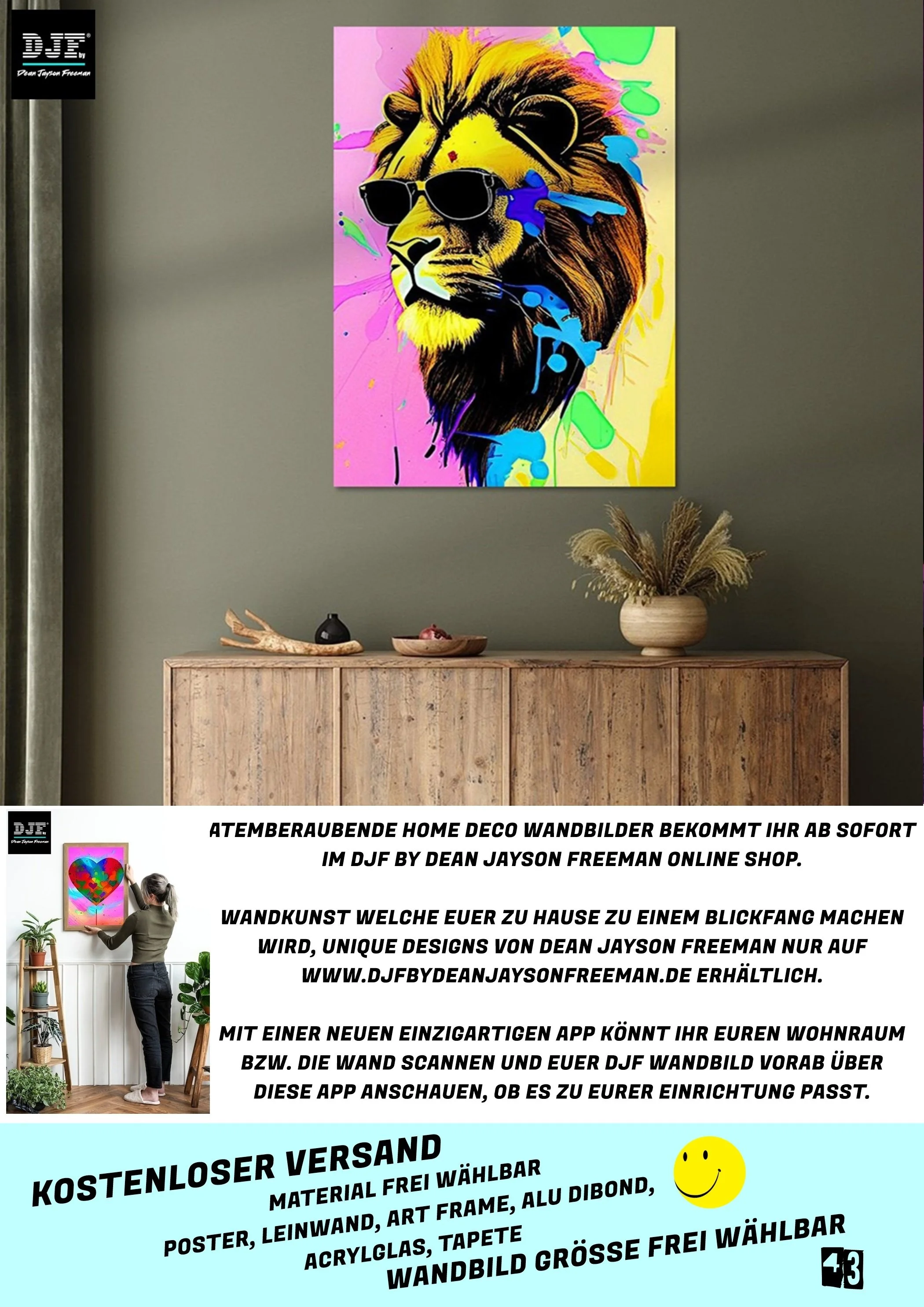 Modernes Wandbild eines Löwen mit Sonnenbrille in bunten Farben im Wohnzimmer