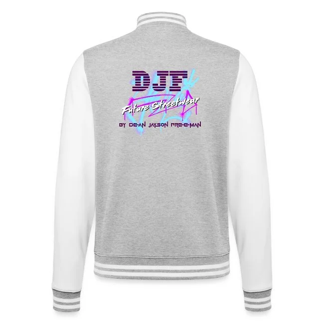 Grauer Baseballjacke mit weißen Ärmeln, Schriftzug in Neonfarben, Retro-Design, stylischer Dekor auf der Rückseite