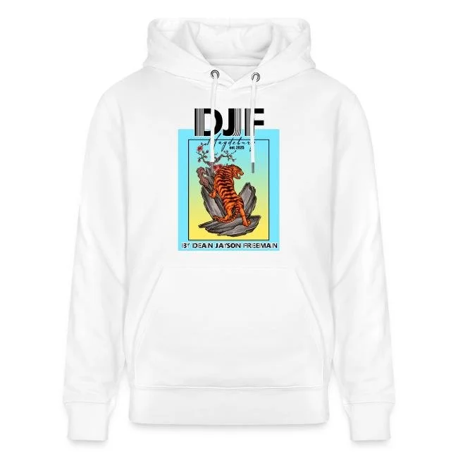Weißer Hoodie mit einem Grafikdesign, das einen sitzenden Tiger auf einem Baumstamm zeigt. Das Design umfasst den Text 'DUE', 'by DEAN JASON FREEMAN' und ein blaues Rechteck im Hintergrund.