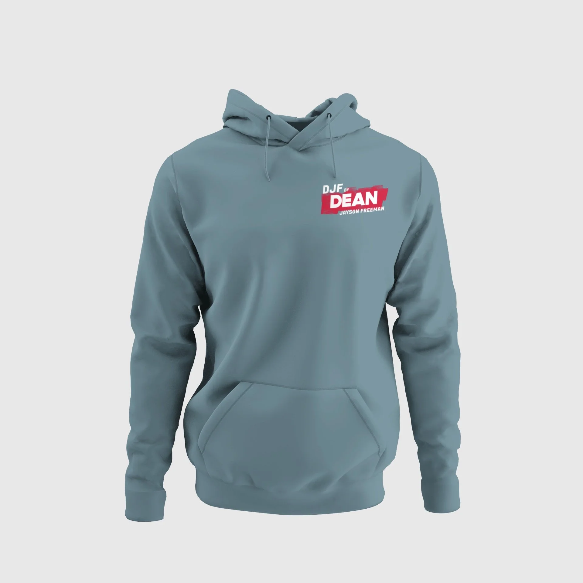 Graue Kapuzenjacke mit rotem und weißem Aufdruck auf der Brust, der says 'DJF DEAN, Jayson Freeman'