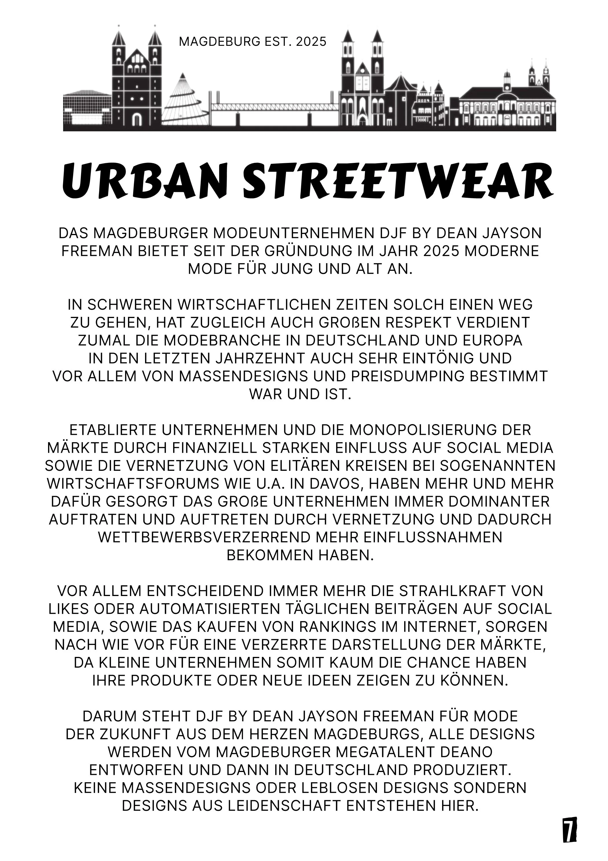 Schwarz-weiße Illustration der Skyline von Magdeburg mit bekannten Gebäuden und Brücken. Über der Skyline steht der Text 'Magdeburg Est. 2025'. Darunter befindet sich der Titel 'Urban Streetwear' in großen fettgedruckten Buchstaben. Der nachfolgende 