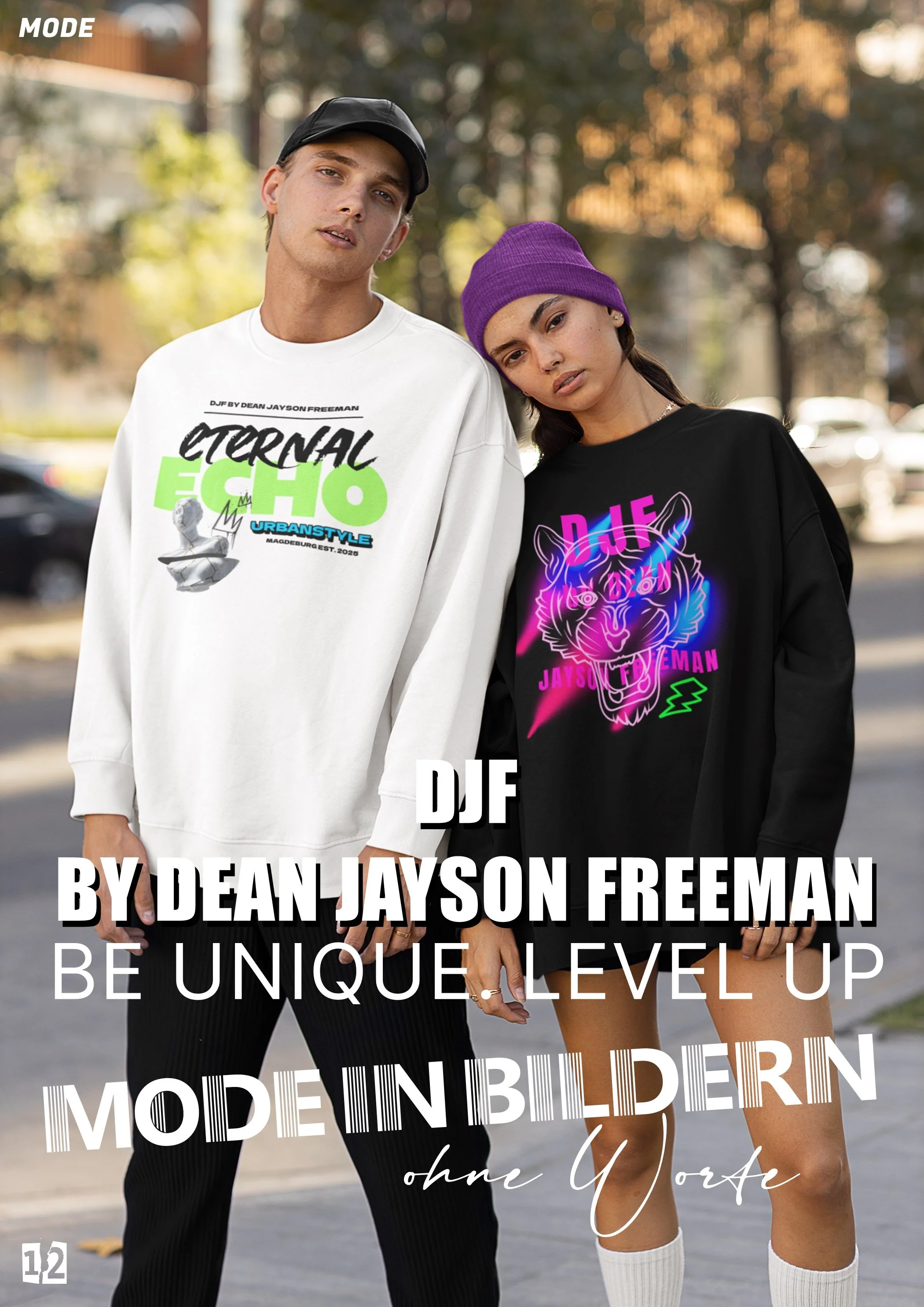 Ein Mann und eine Frau tragen stylische Streetwear vor einem urbanen Hintergrund mit Bäumen und Autos. Text auf dem Bild bewirbt Mode in Bildern ohne Worte.