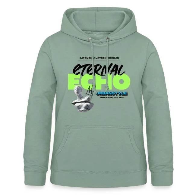 Graue Hoodie mit buntem Druck, der die Wörter "ETERNAL ECHO" und "URBANSTYLE" zeigt, zusammen mit einem grafischen Design und einer Stadtkarte.