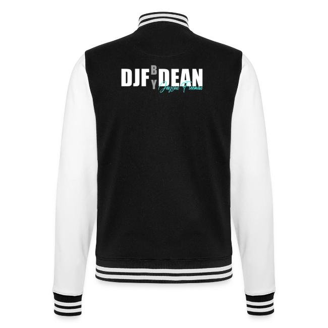 Schwarzer Jacke mit weißen Ärmeln, Rückseite, mit Text 'DJB' und 'DEAN' auf dem Rücken.