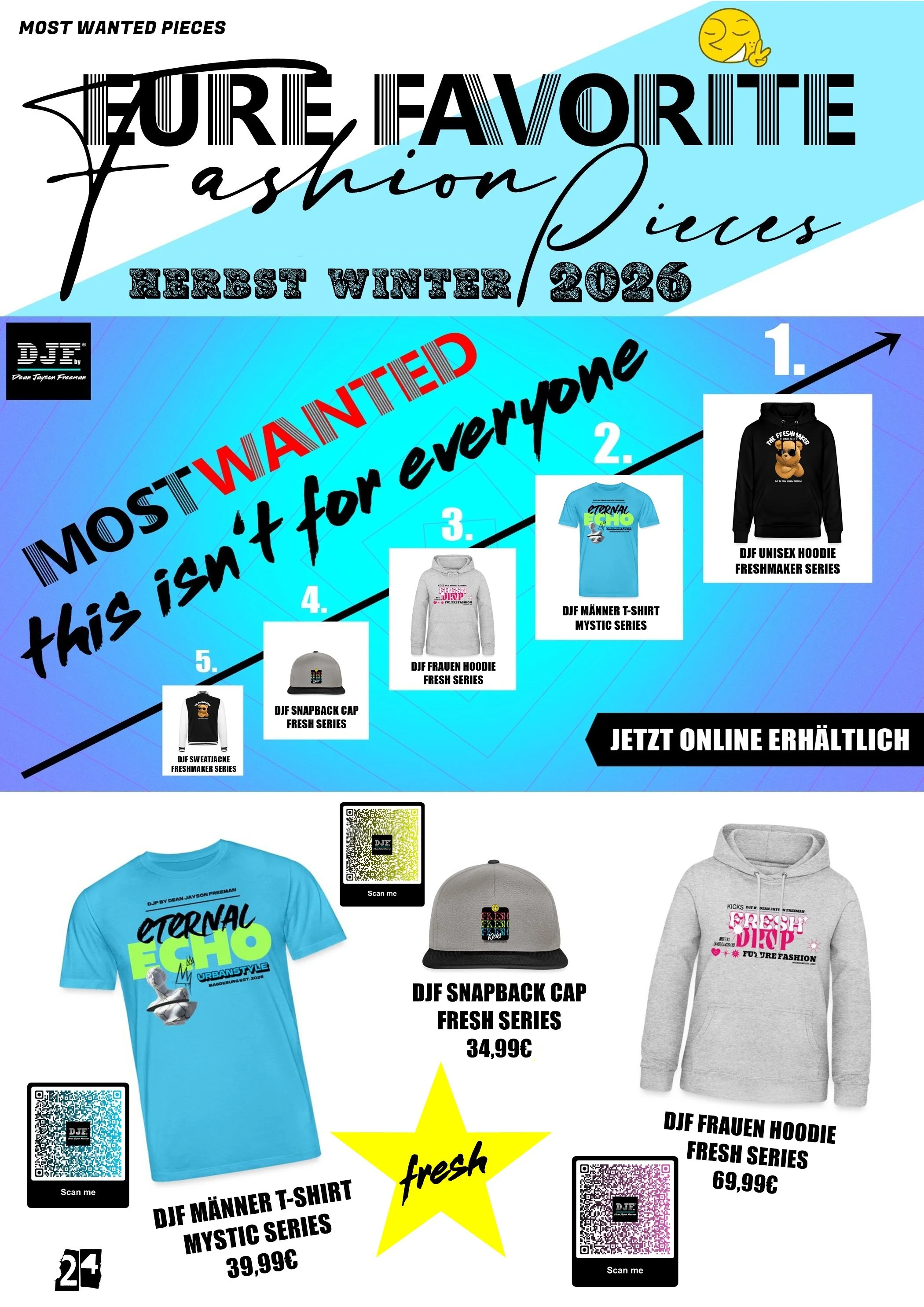 Werbung für die Modemarke DJF mit Kleidung und Accessoires für den Herbst/Winter 2026, inklusive T-Shirts, Hoodies, Mützen und Caps, mit QR-Codes zum Scannen.