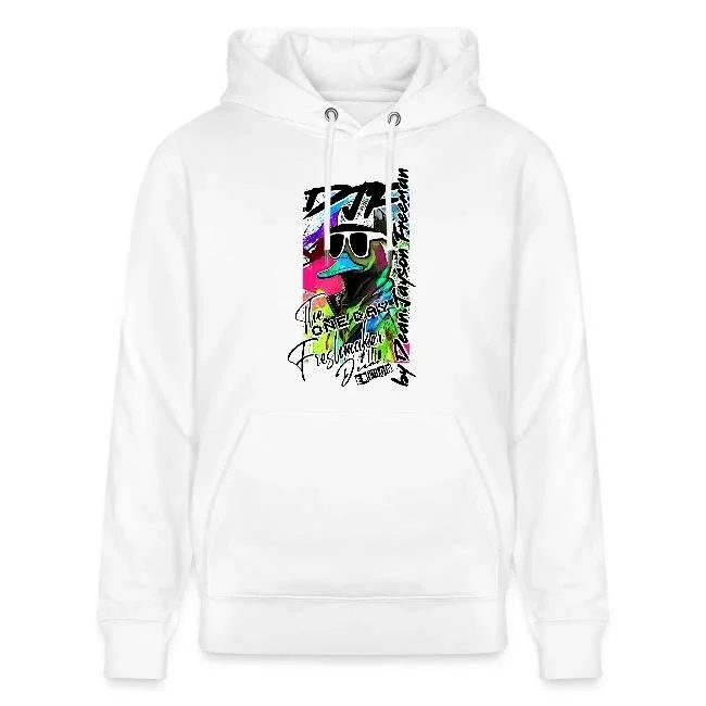 Weißer Hoodie mit bunt bedrucktem Grafikdesign und Schriftzug auf der Vorderseite.