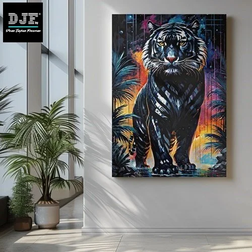 Ein farbenfrohes Gemälde eines Tigers vor einem Hintergrund mit Palmen und Sonnenuntergang