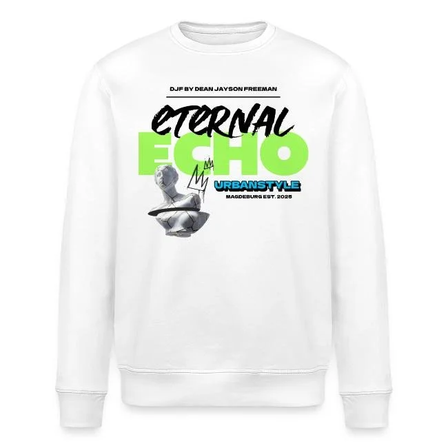 Weißer Sweatshirt mit Graffitidesign und buntem Text, der 'Eternal Echo' und 'Urban Style' sagt, sowie kleinen schwarzen Textzeilen.