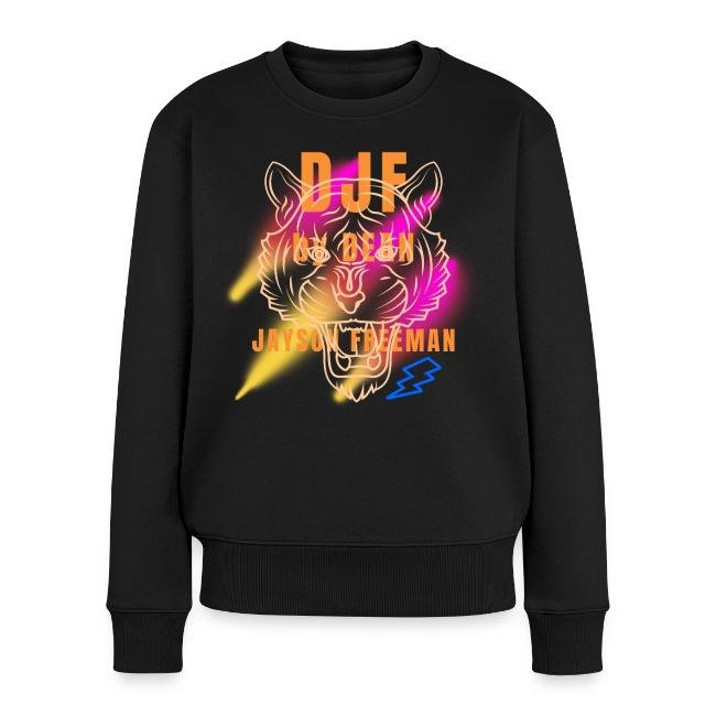 Schwarzer Pullover mit Neon-Design eines Tigerkopfes und Texten wie "DJF" und "Jayson Fadewoman" in leuchtenden Farben.