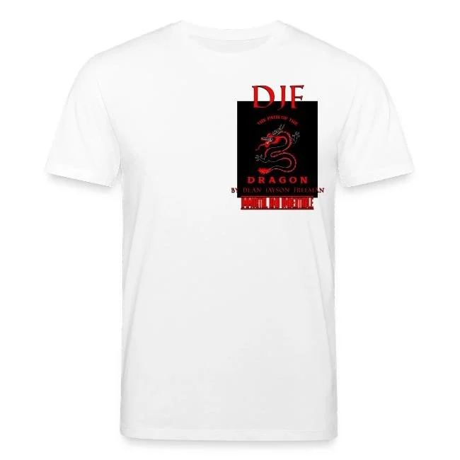 Weißes T-Shirt mit einem schwarzen und roten Buchcover-Design auf der Vorderseite, das Titel 'DIE DRAGON' und den Namen 'DEAN LAYSON FREEMAN' zeigt.