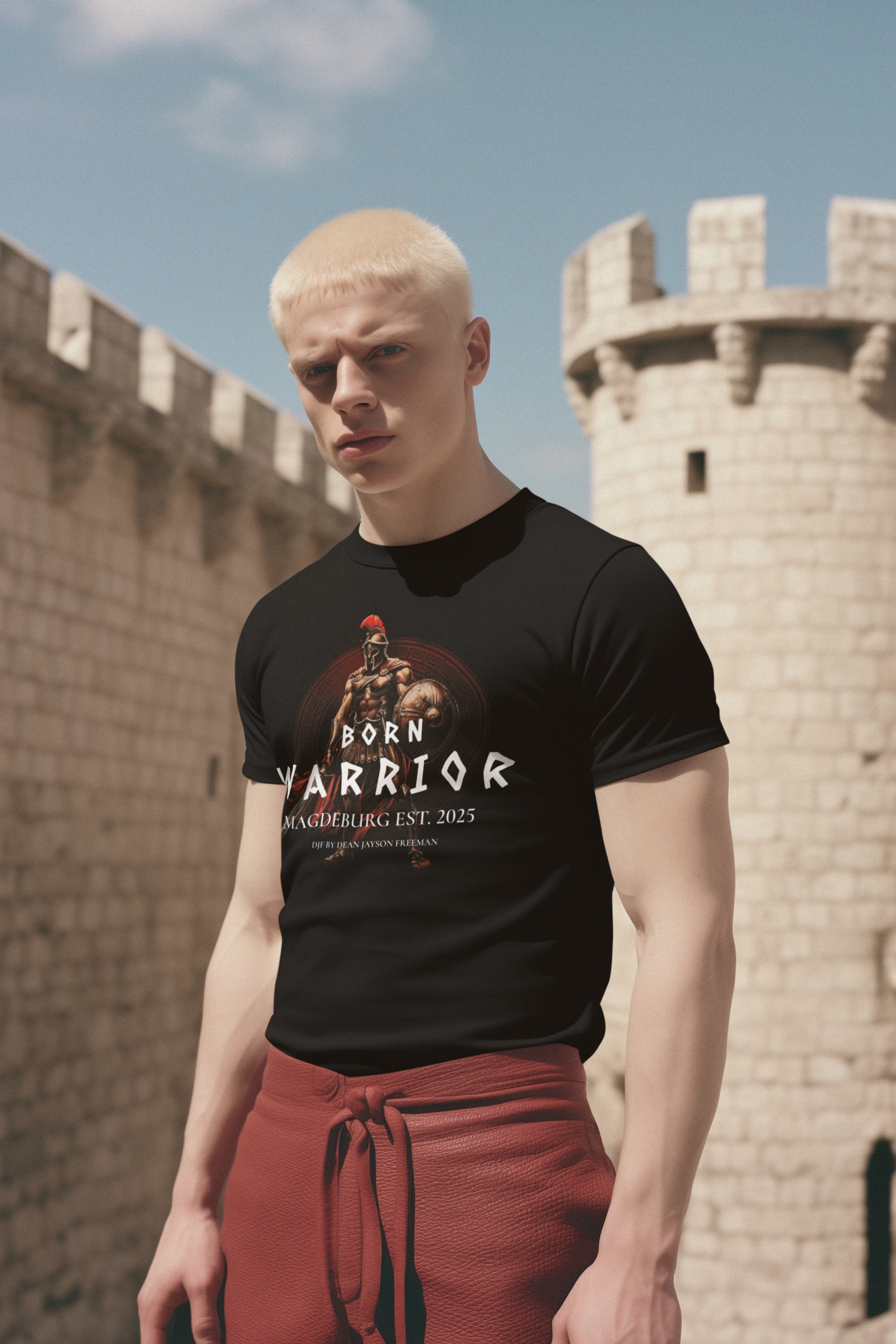 Junge mit blonder Kurzhaarfrisur trägt schwarzen T-Shirt mit Gladiator-Motiv und roten Shorts vor einer alten Stadtmauer bei Sonnenlicht.
