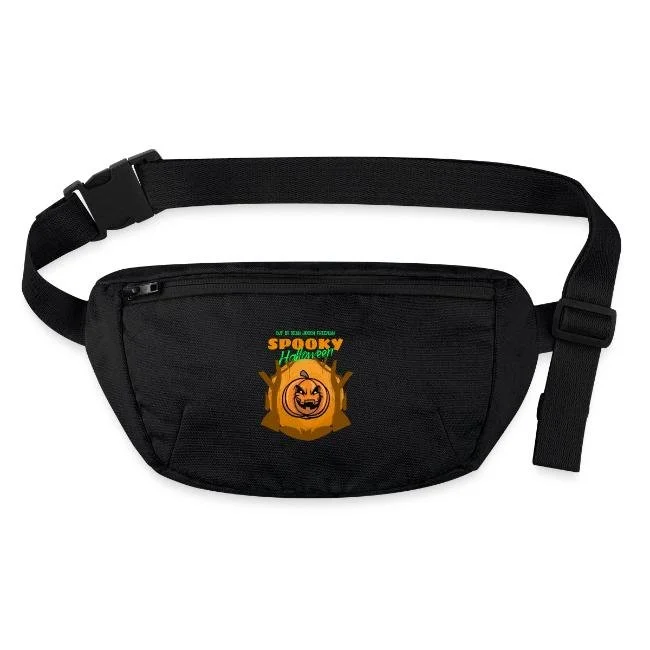 Schwarze Gürteltasche mit Halloween-Design, einem lachenden Kürbis und dem Text 'Spooky Happy'