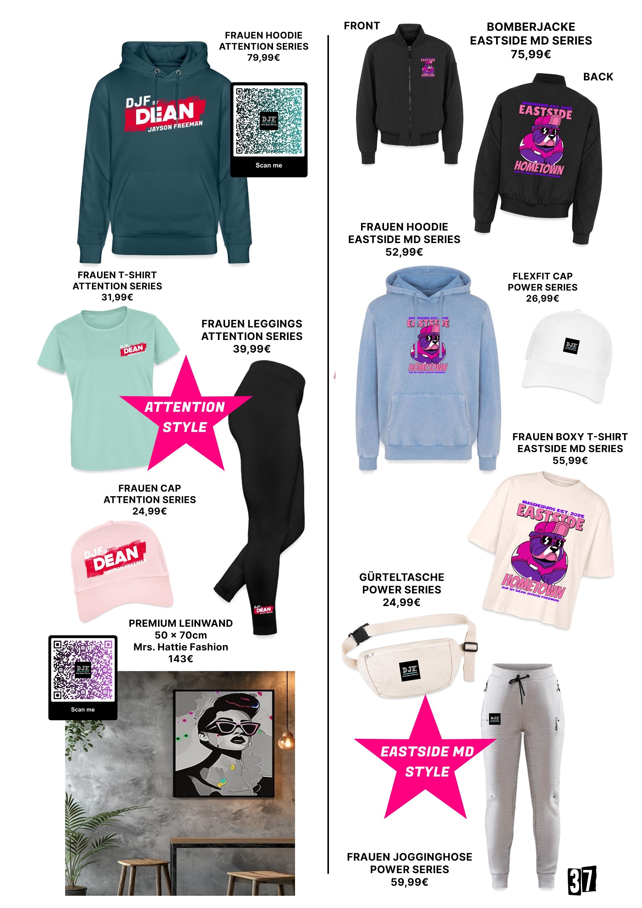 Produktübersicht mit Kleidung und Accessoires, einschließlich Hoodies, T-Shirts, Leggings, Cap, Gürteltasche und Jogginghose, alles mit dem 'Eastside' und 'Hometown' Design, Preise zwischen 24,99€ und 143€.