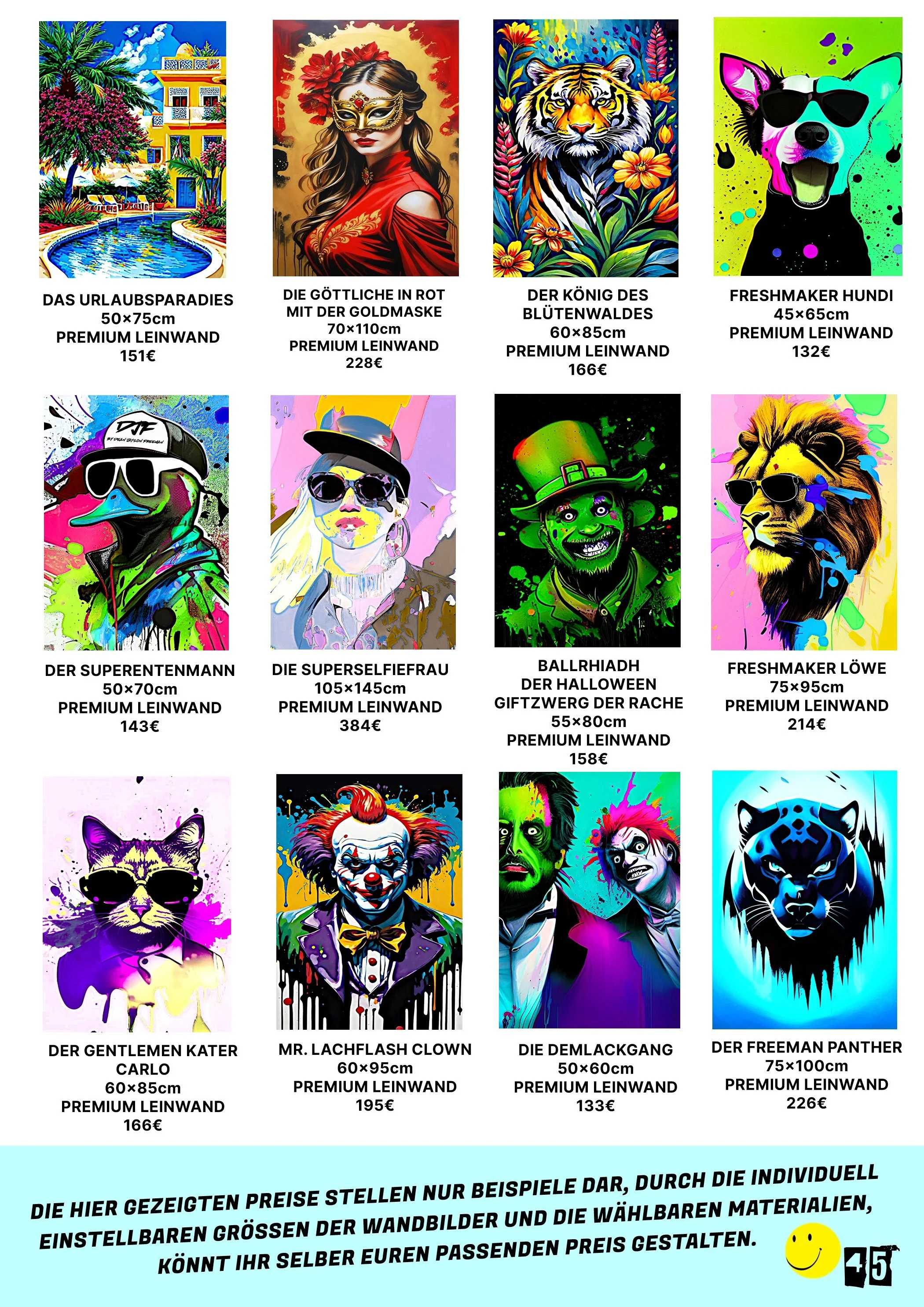 Verschiedene bunte Wandbilder mit tierischen und menschlichen Motiven, jeweils mit Maßen und Preisen beschrieben.