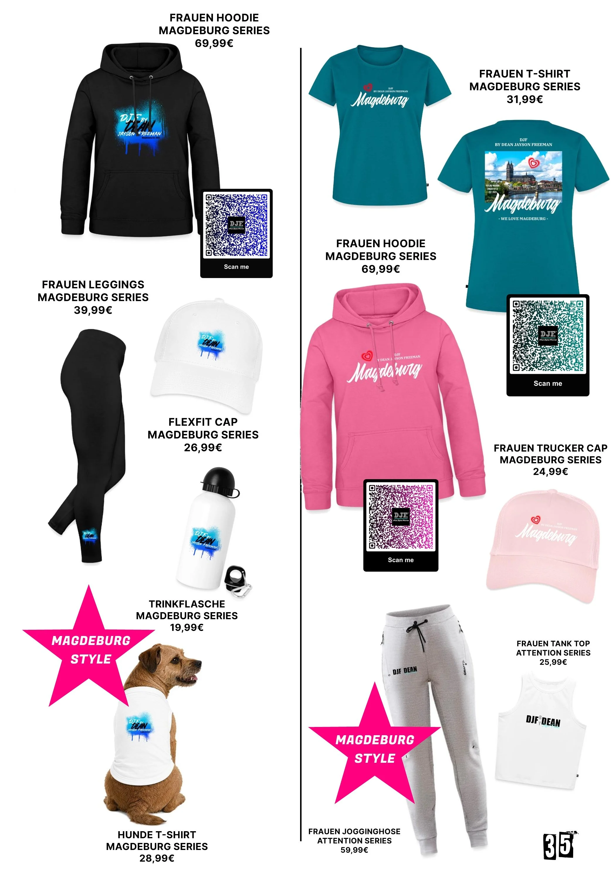 Produktbild mit verschiedenen Modeartikeln und Accessoires, die in einer Einkaufsliste aufgeführt sind. Zu sehen sind ein schwarzer Hoodie, eine blaue T-Shirt mit Stadtmotiv, ein rosa Hoodie, eine weiße Baseballkappe, eine Wasserflasche und ein Hunde