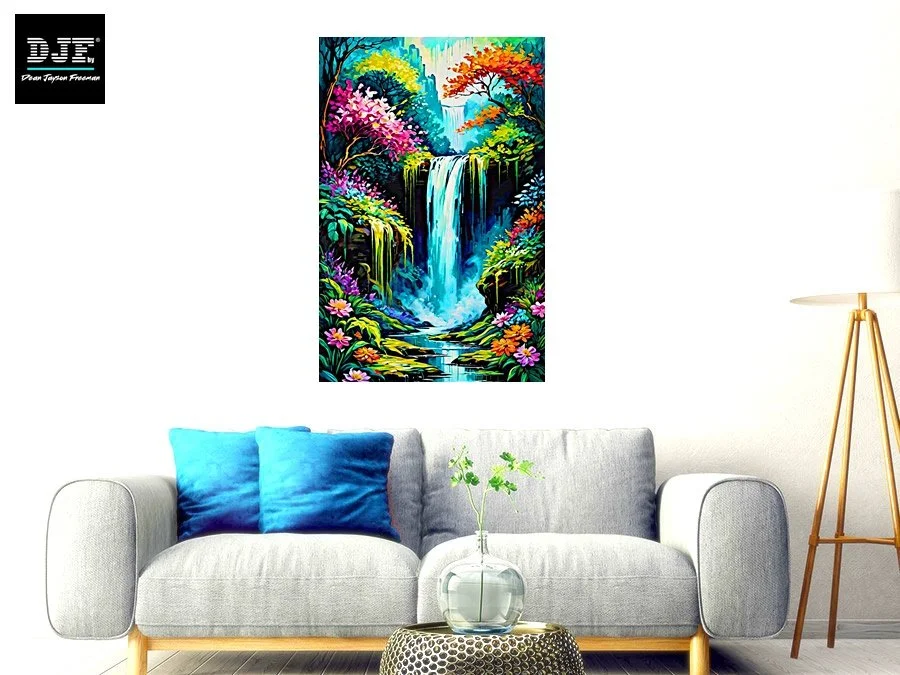 Ein modernes Wohnzimmer mit einer hellgrauen Couch, zwei blaue Kissen, einer Kaffeetisch mit einer Glasvase, die eine kleine Pflanze enthält, und einer steinfarbenen Stehlampe. An der Wand darüber hängt ein farbenfrohes Gemälde eines Wasserfalls in e