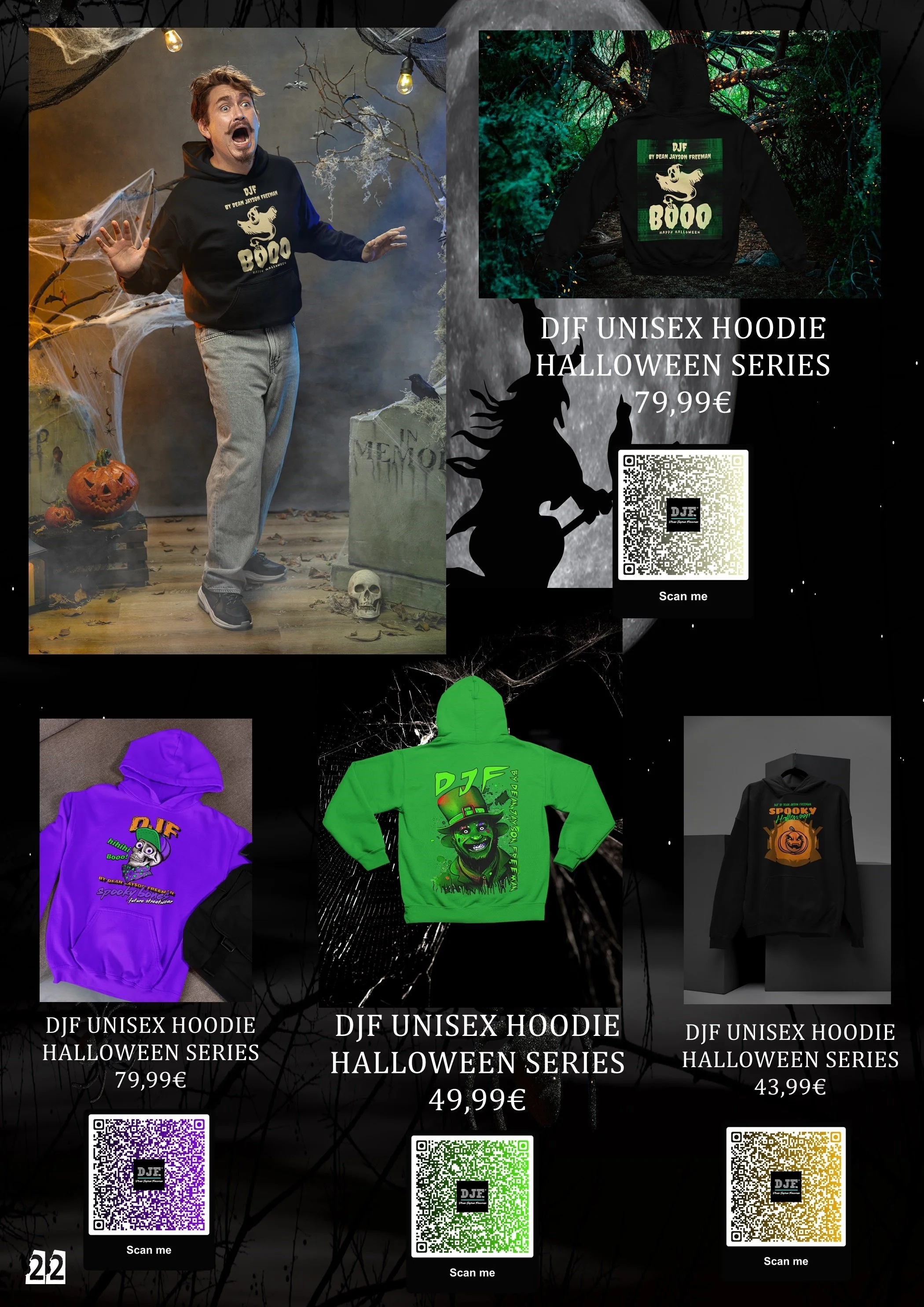 Bilder von Halloween-Hoodies in verschiedenen Farben mit Halloween-Designs, die zum Verkauf angeboten werden, jeweils mit QR-Codes und Preisen, unter einem Hintergrund mit Halloween- und Spukmotiven.