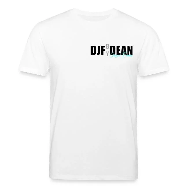 Weißes T-Shirt mit schwarzem, grauem und türkisem Text und Unterschrift