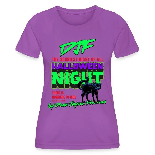 Lila T-Shirt mit Halloween-Design, schwarzer Hund, grün und rot gedruckter Text.