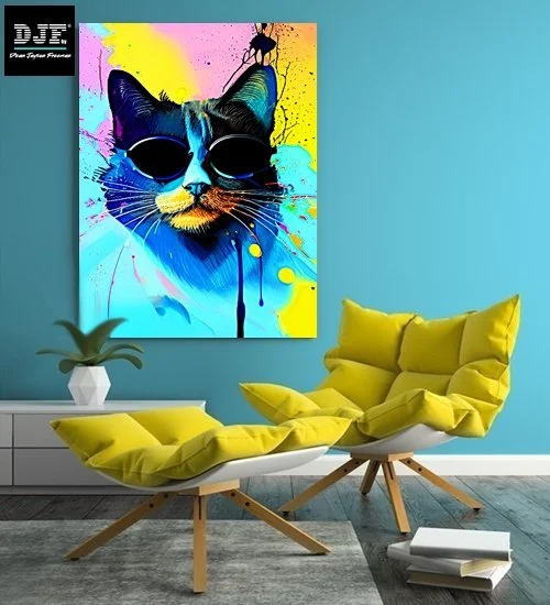 Ein bunter, moderner Kunstdruck eines Katzenporträts mit Sonnenbrille, an einer blauen Wand in einem Wohnzimmer mit gelben Lounge-Chairs und Pflanzen.