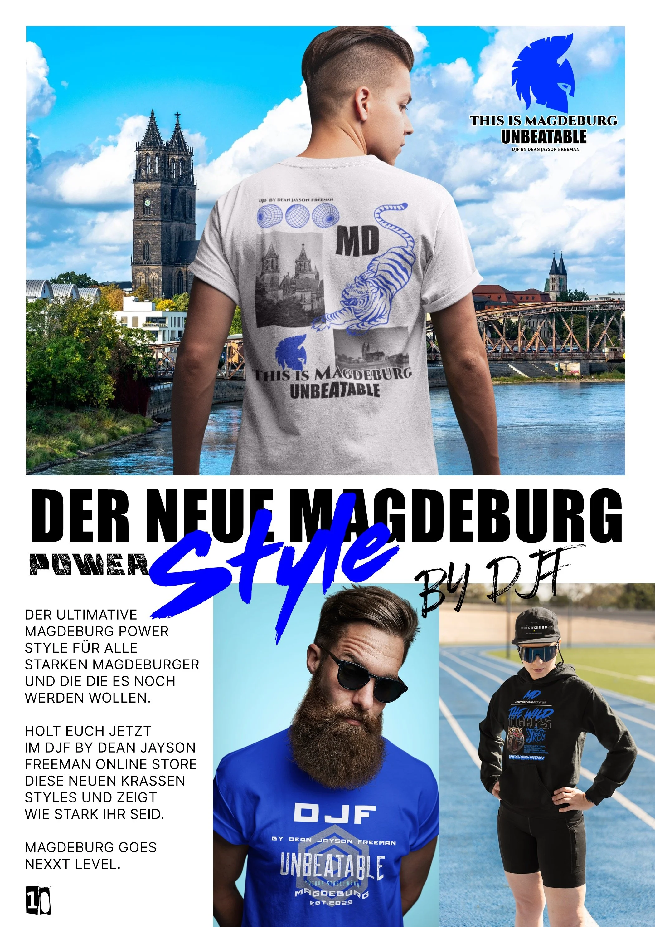 Collage aus mehreren Fotos eines Models mit verschiedenen Stadt- und Sportmotiven im Hintergrund. Über dem Bild steht in schwarzer Schrift 'DER NEUE MAGDEBURG POWER STYLE'.