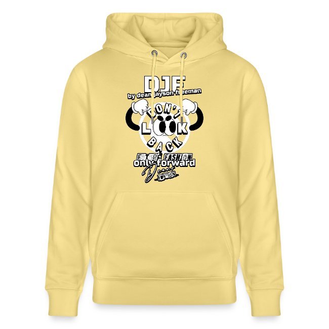 Hellgelber Hoodie mit schwarzem und weißem grafischem Druck, der Wörter und Figuren enthält.