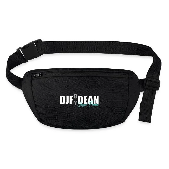 Schwarze Gürteltasche mit Logo »DJF Dean« in der Mitte, verstellbarer schwarzer Gürtel, kleine Tasche mit Reißverschluss