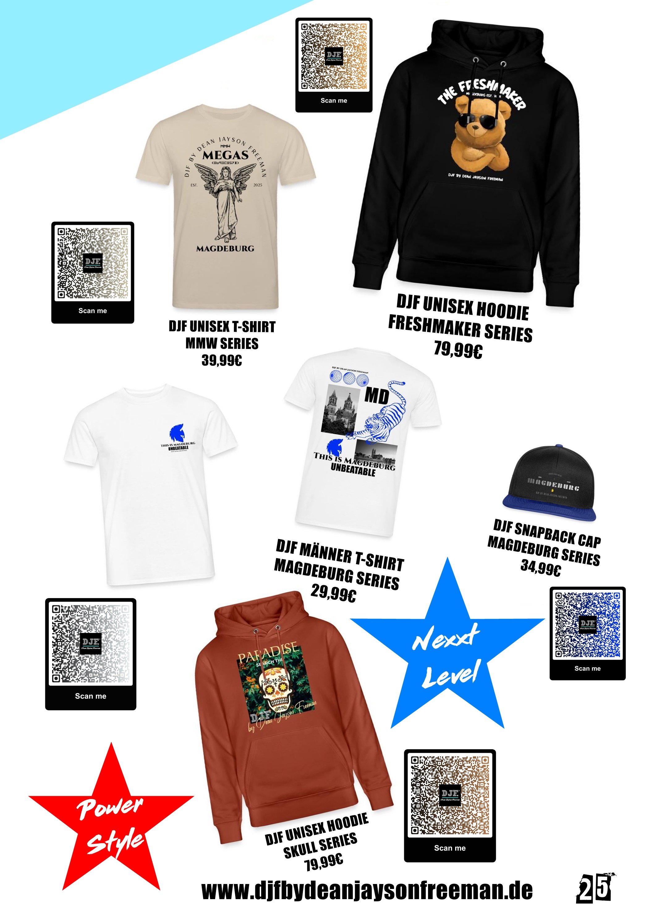Werbebild mit verschiedenen Kleidungsstücken und Accessoires; unisex T-Shirts, Hoodies und eine Cap, alle mit Markenlogo und Design, inklusive QR-Codes für weitere Informationen. Preisangaben in Euro.