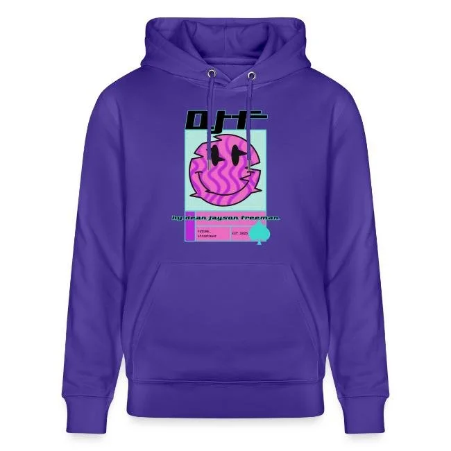 Lila Hoodie mit digitalem Cartoon-Design eines pinken Wasserbomben-Schädels und farbigen Texten