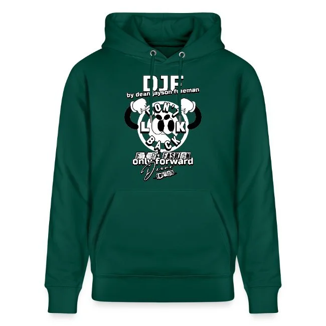 Grünner Kapuzenpullover mit Druck, der ein Panda-Gesicht und Text zeigt.