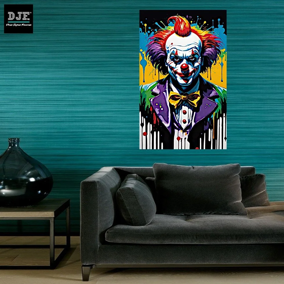 Graffiti-Kunstwerk eines Clowns mit buntem, spray-effekt, auf einem blauen Wandhintergrund in einem Wohnzimmer