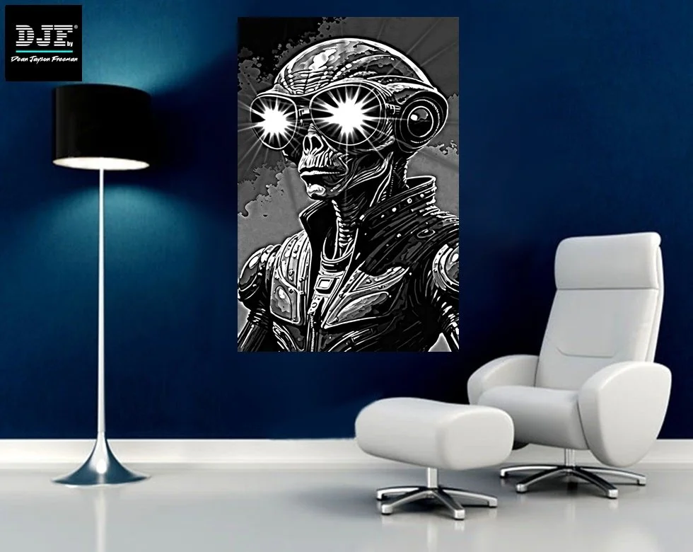 Schwarz-weiß-Kunstwerk eines außerirdischen Wesens mit reflektierenden Sonnenbrillen, in einem schwarzen Lederanzug, an einer blauen Wand in einem modernen Raum.