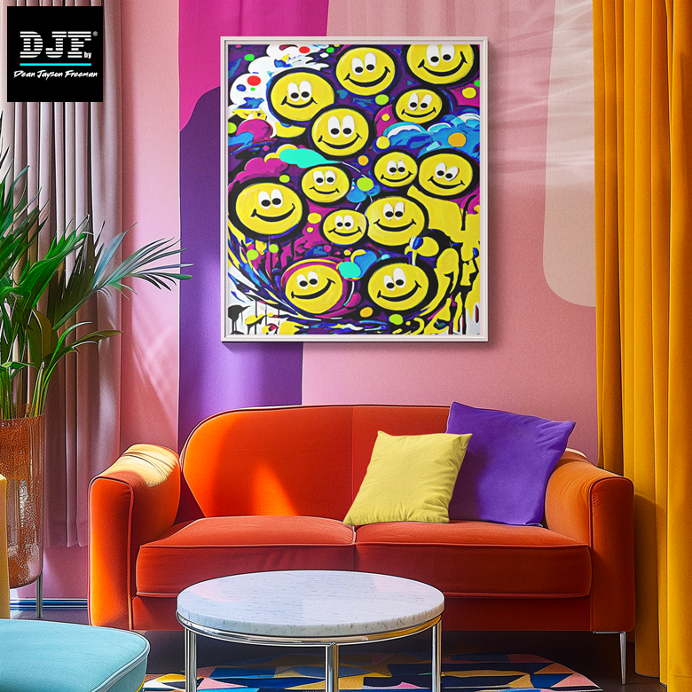 Ein modernes Wohnzimmer mit einer orangefarbenen Couch, zwei Kissen in Gelb und Lila, bunten Vorhängen, einem bunten Kunstwerk mit Smileys an der Wand, einem weißem Kaffeetisch und einer Topfpflanze.