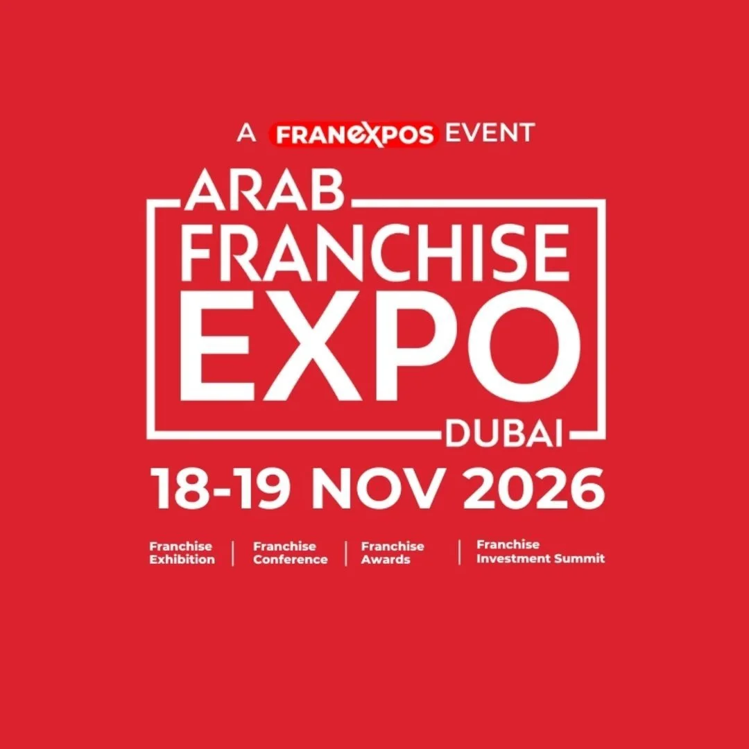 Event poster for Arab Franchise Expo Dubai, held on November 18-19, 2026, featuring franchise exhibition, conference, awards, and investment summit.