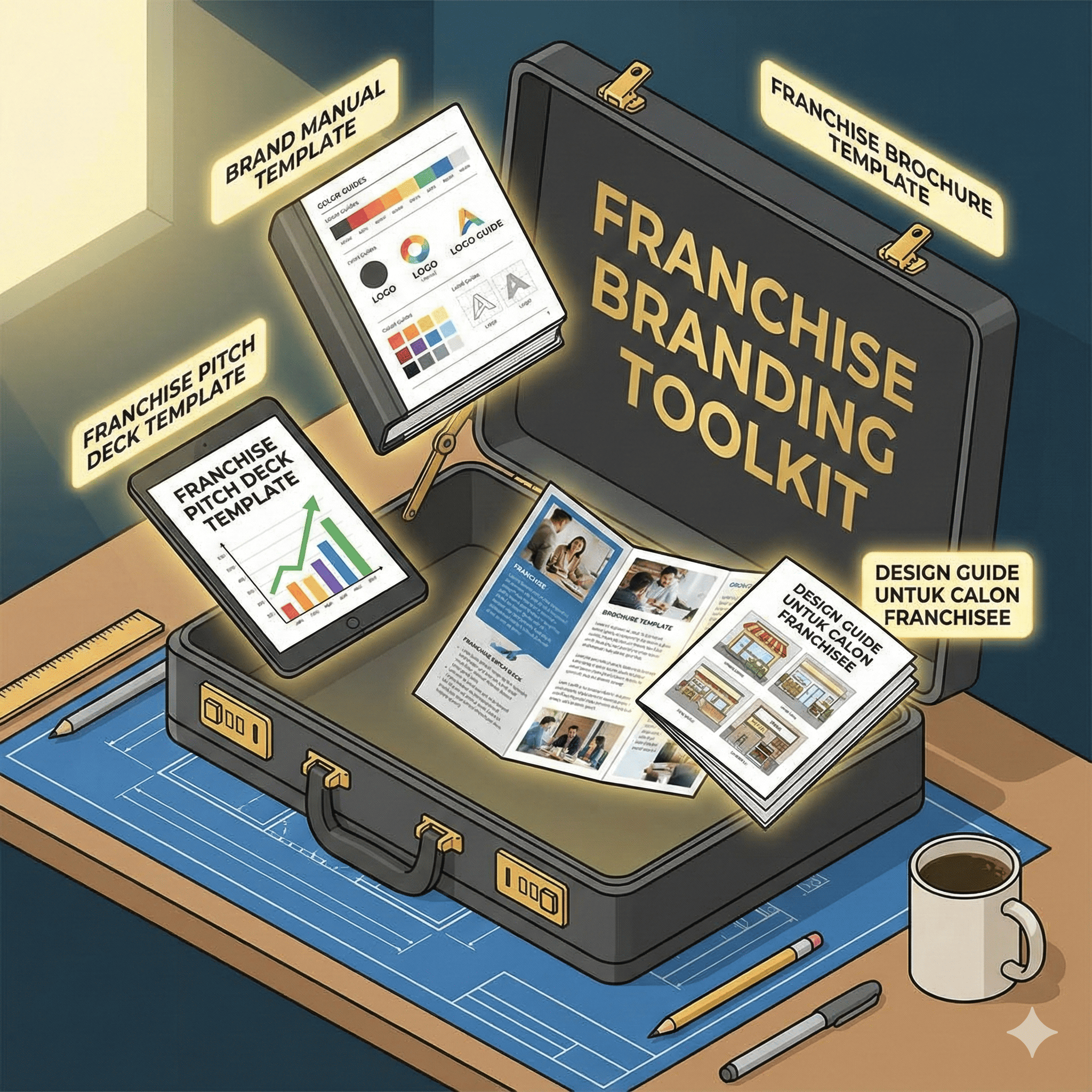 An illustration of a franchise branding toolkit with various templates, guides, and charts on a desk, including a branding manual, pitch deck template, brochure template, and design guide.