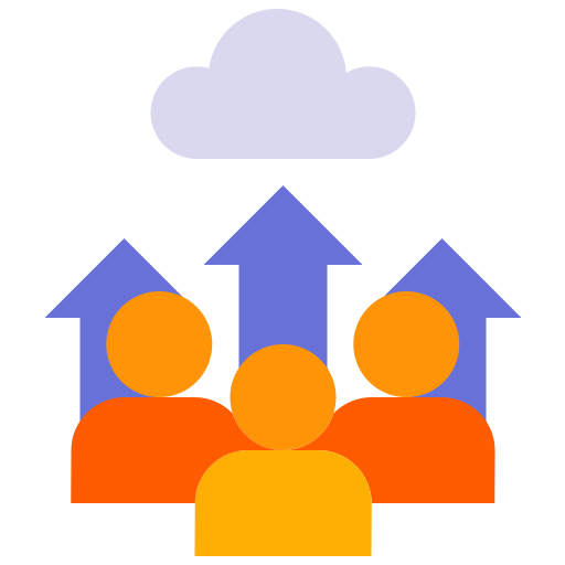 A graphic showing three orange and yellow human figures with arrows pointing upwards toward a cloud.