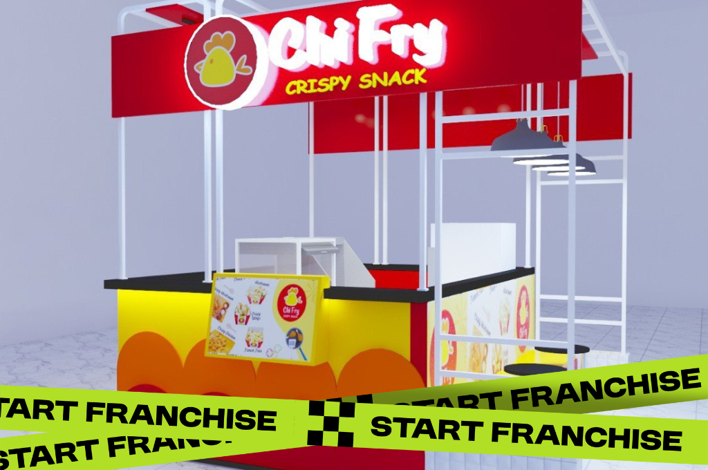 A food stand labeled "Ch F fry Crispy Snack" with yellow, red, and white colors, displaying menu images and a green "Start Franchise" tape across the lower part of the image.