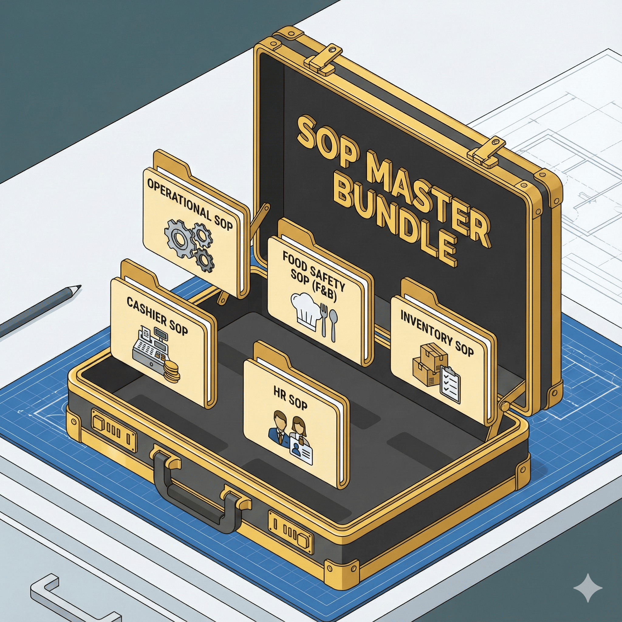 Illustration of a SOP master bundle in a briefcase with folders labeled Operational SOP, Food Safety SOP, Cashier SOP, Inventory SOP, and HR SOP, placed on a desk with a pen and blueprints.