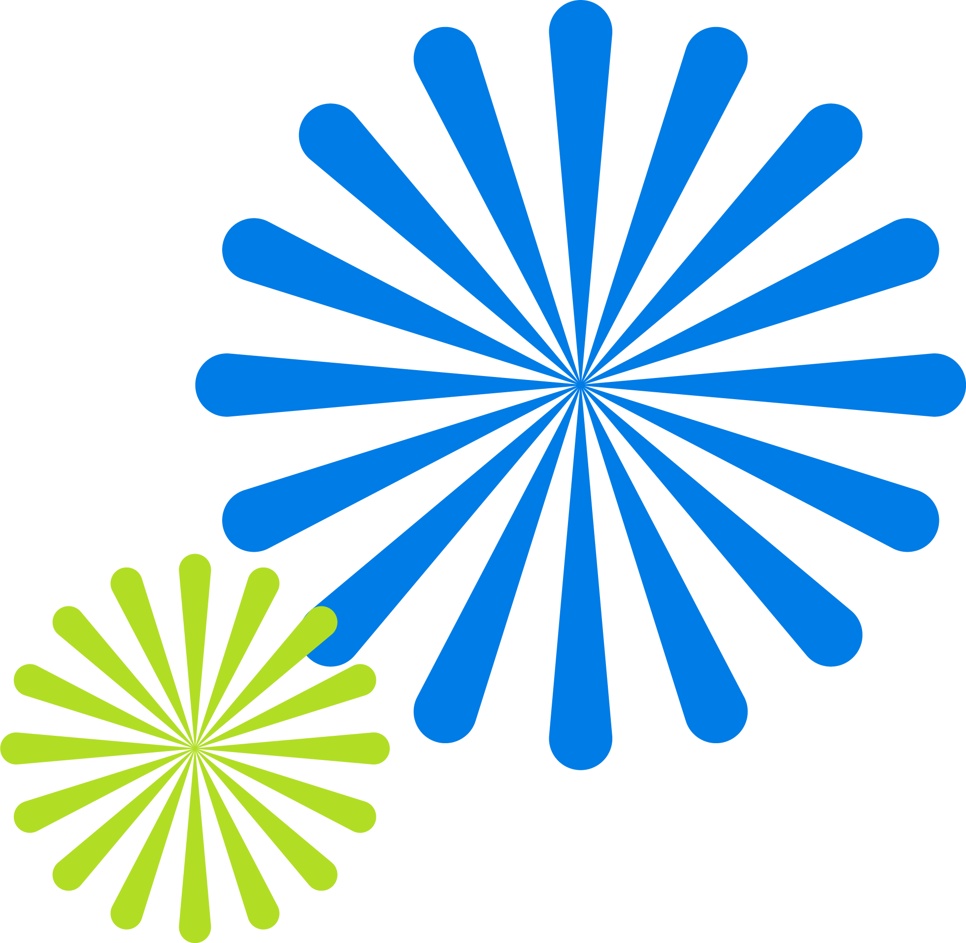 Two stylized fireworks, one large blue and one smaller green, on a white background.