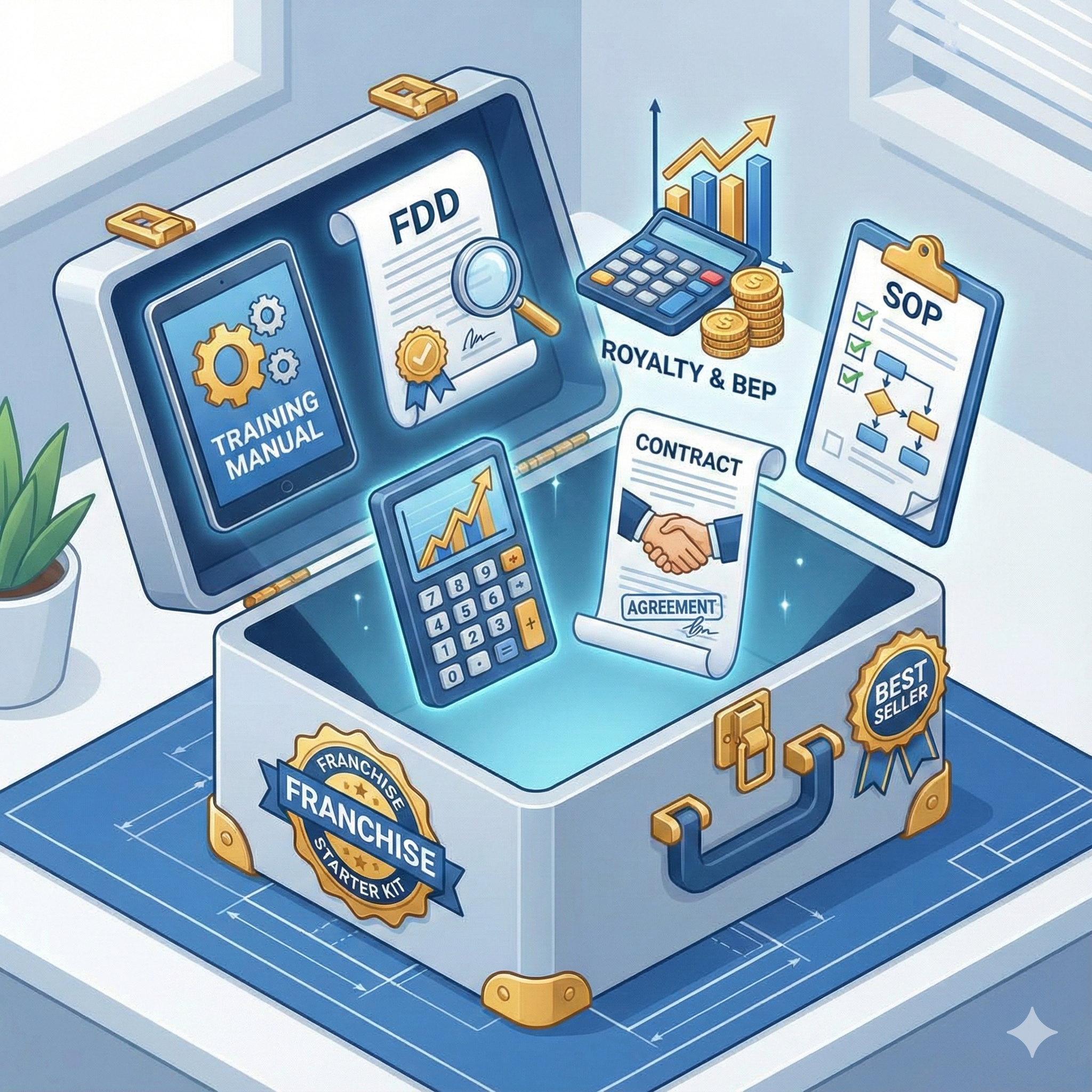 A digital illustration of a business franchise starter kit, featuring items like a training manual, contract, SOP, calculator, financial graphs, and coins, all emerging from an open box with franchise labels.