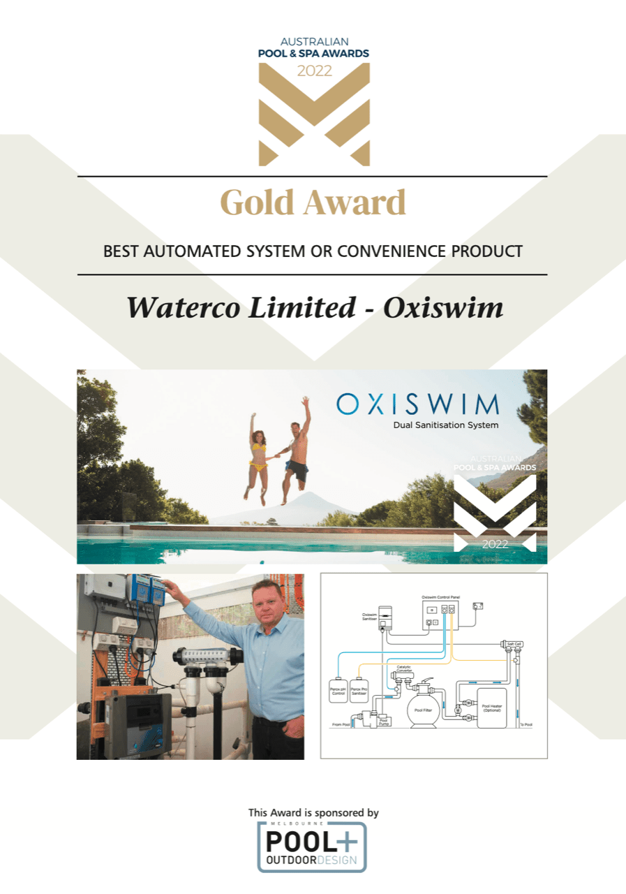 Certificate of the 2022 Australian Pool & Spa Awards presenting Waterco Limited with the Gold Award for Best Automated System or Convenience Product for their Oxiswim dual sanitation system. The certificate features a photo of a man adjusting control equipment, an image of two people jumping into a pool, a diagram of the system, the award logo, and sponsor logo for Pool+ Outdoor Design.