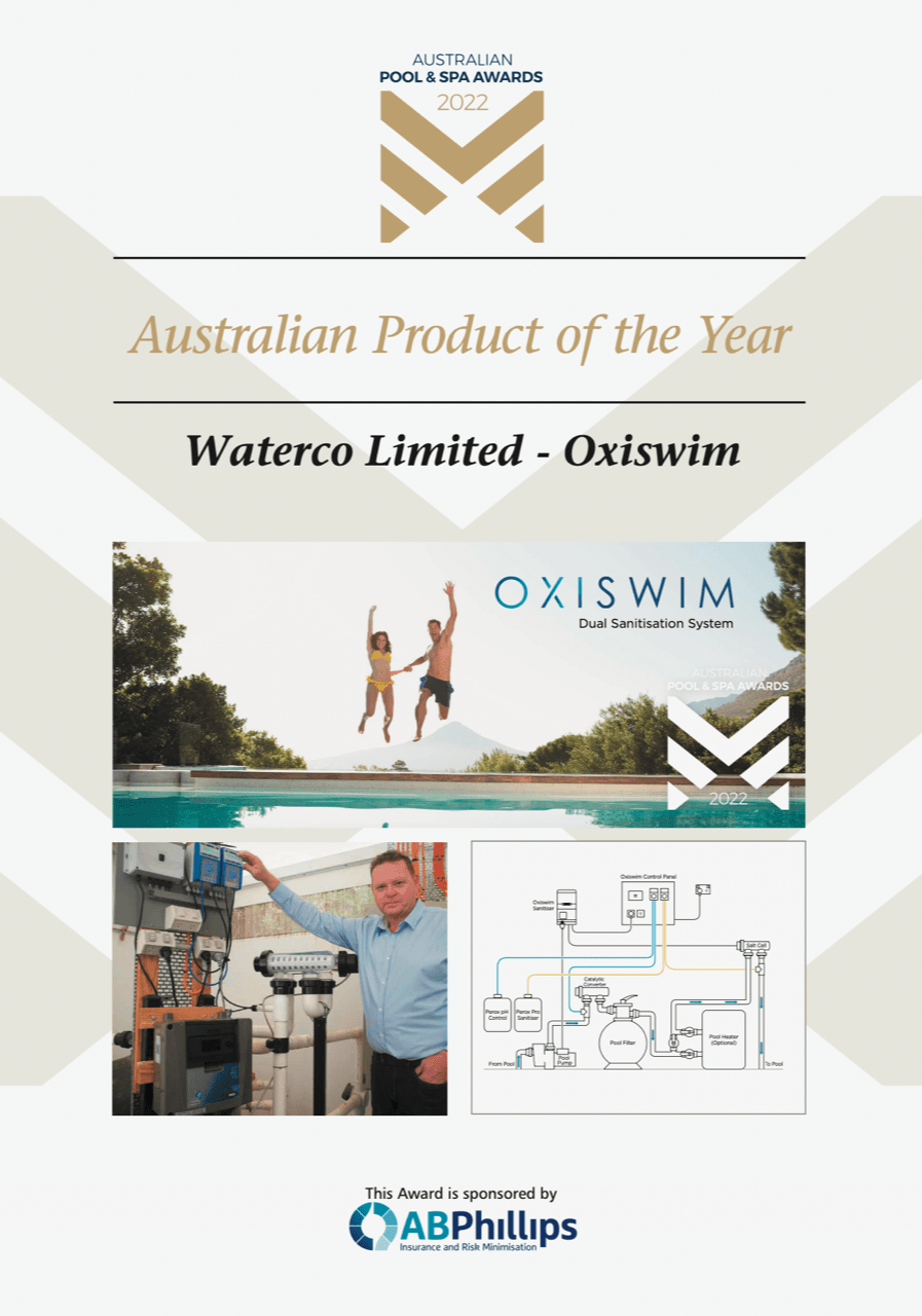 Award certificate for Australian Product of the Year at the 2022 Australian Pool & Spa Awards, presented to Waterco Limited for Oxiswim, featuring a logo, a photo of two people jumping into a pool, a technician working on pool equipment, and a schematic diagram of a pool sanitation system.