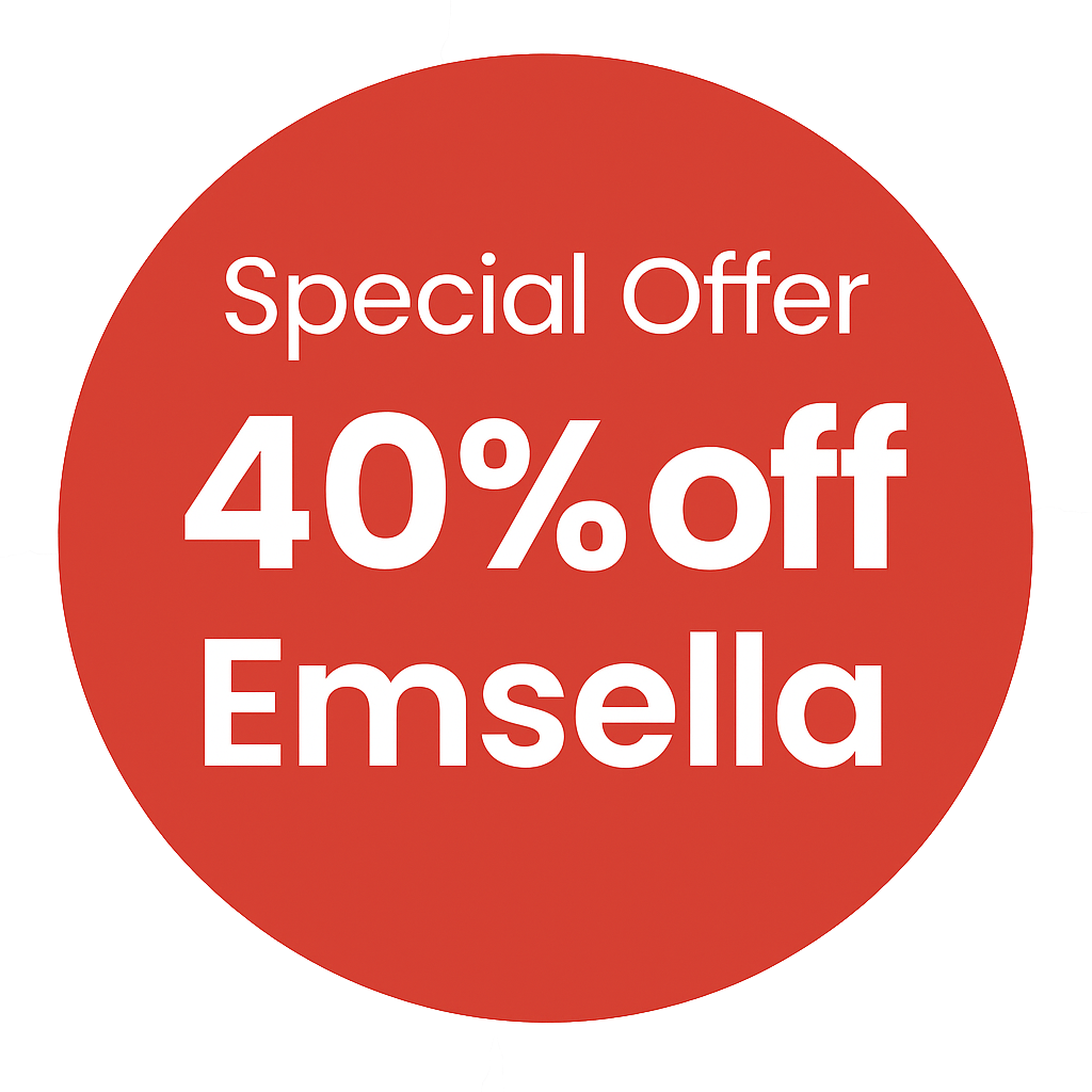 Red circular promotional badge showing ‘Special Offer – 40% off Emsella’ at Remedy Plus Medical Clinics, Chatswood.