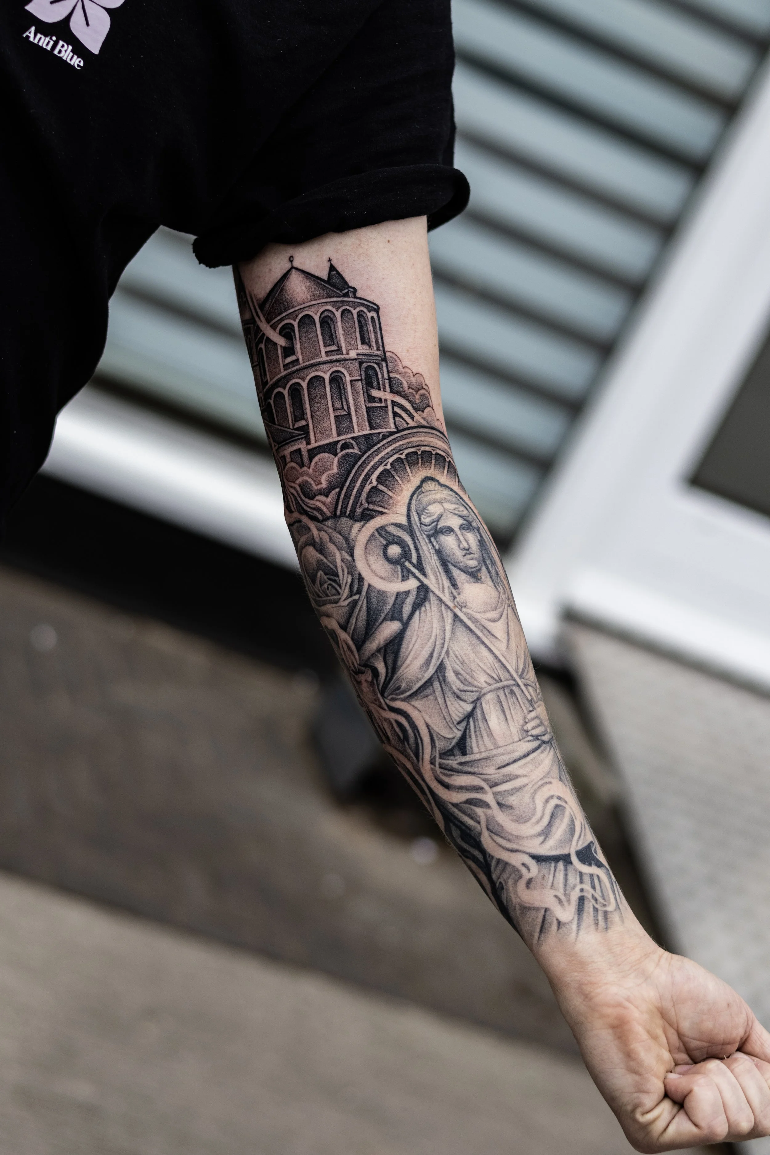 Realisitc Greek Statue Church Full sleeve Tattoo Jannes de Groot Tattoo.JPG
