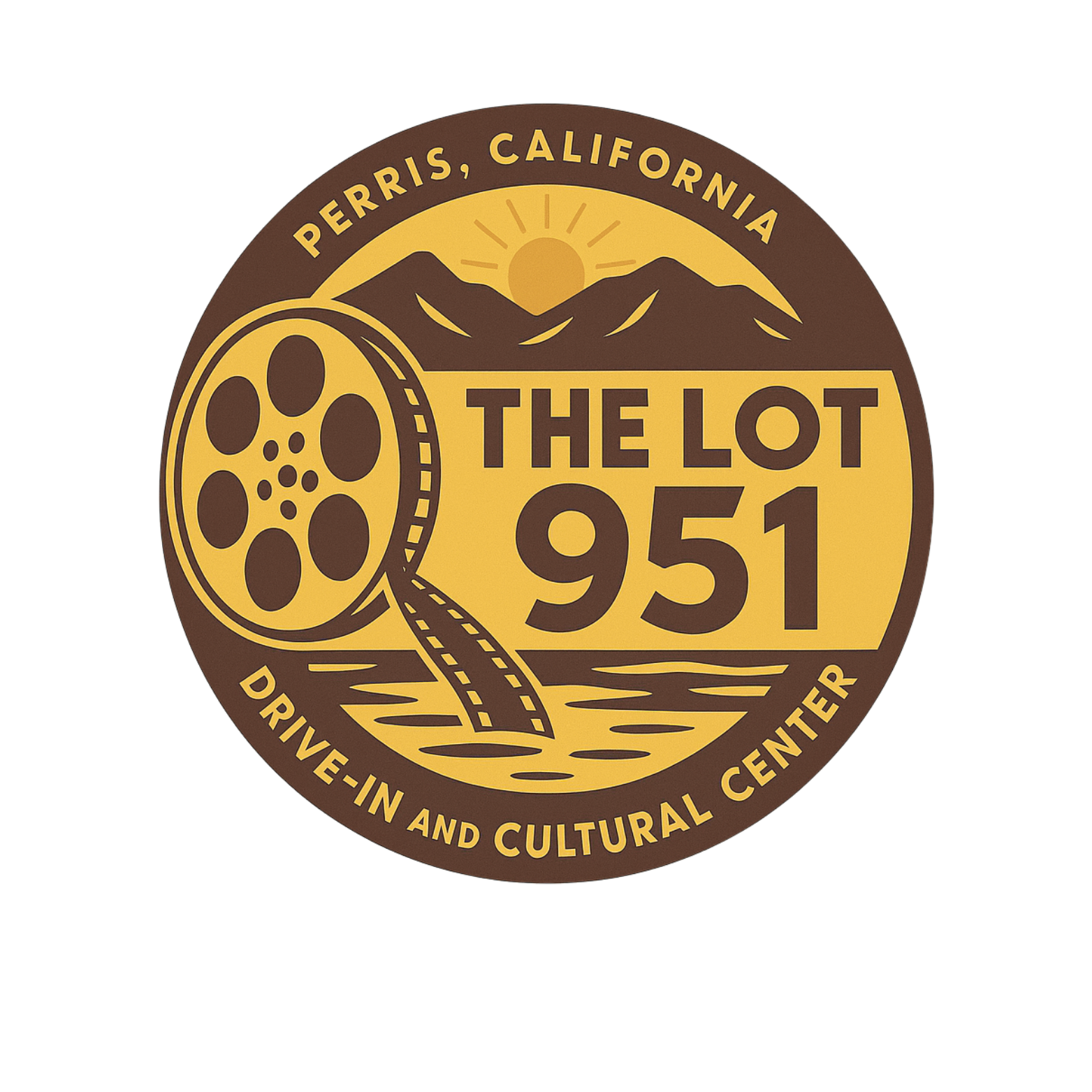 Circular logo for The Lot 951 Drive-In and Cultural Center in Perris, California, featuring a film reel, a winding road, mountains, and a sun at sunset with brown and yellow colors.
