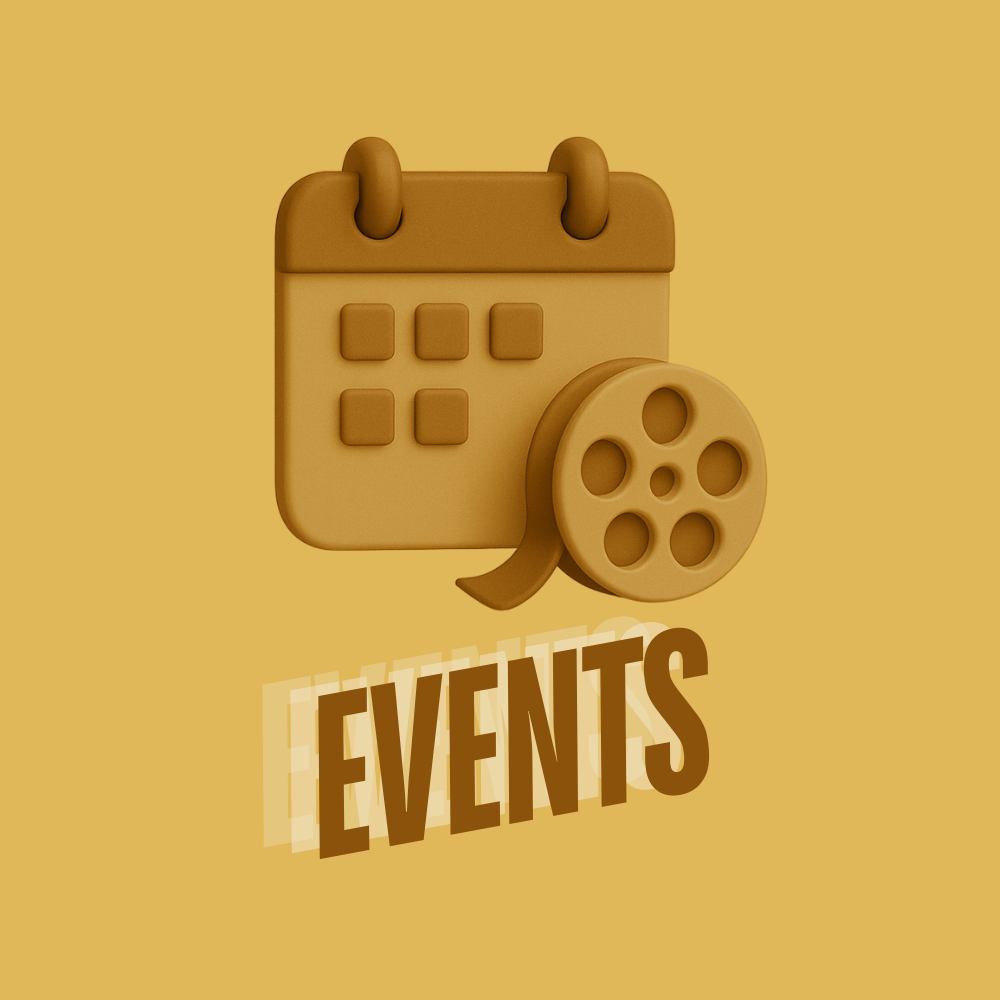 Icon of a calendar and film reel with the word 'Events' on a yellow background.