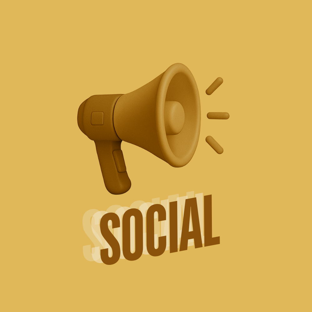 A 3D illustration of a speaking megaphone with the word 'SOCIAL' underneath on a yellow background.